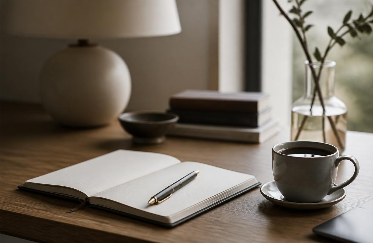 A calm, organized desk with a notebook, fountain pen and coffee in soft window light