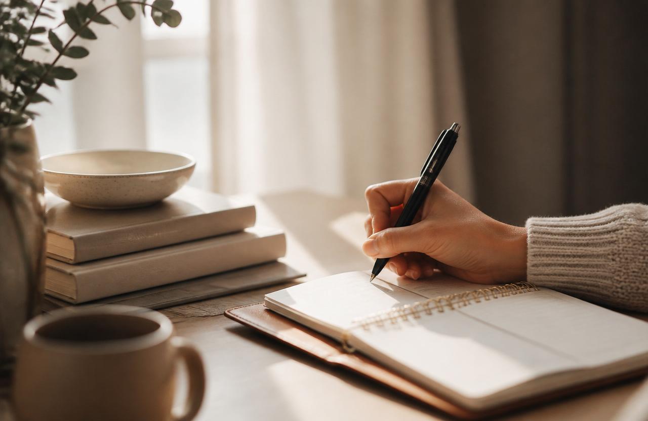 A hand writing in a planner beside a stack of books in soft morning light